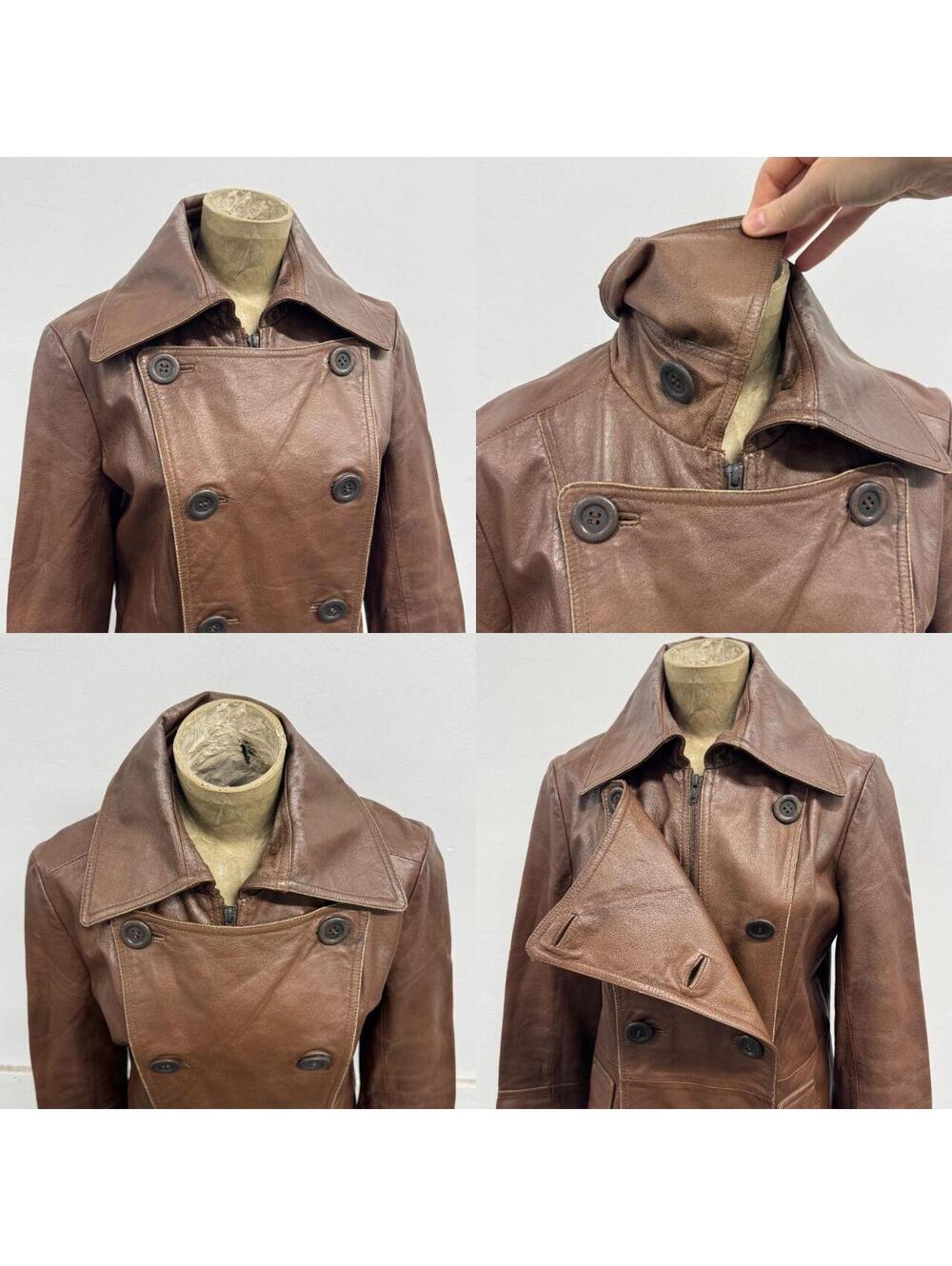 Vintage Y2K ONLY Brown Convertible Double-Breasted Leather Trench Coat - Picture 6 of 8